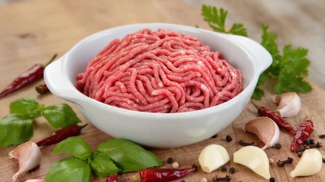 Fresh raw minced meat in a white ceramic bowl surrounded by garlic, basil, chili peppers, peppercorns, and parsley on wooden surface. Ingredients for preparing homemade dishes or meals.