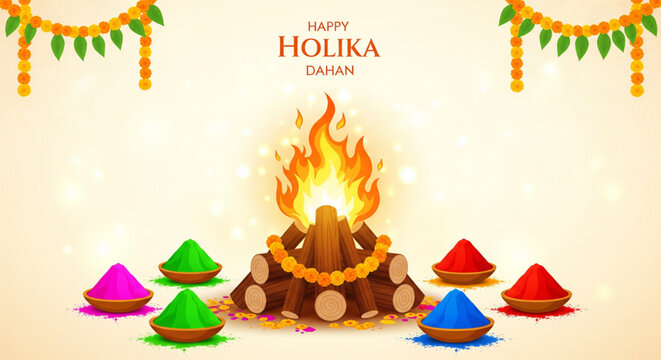 Holika Dahan festival vector illustration showing traditional bonfire ritual with colorful gulal bowls for Hindu celebration background greeting and design use