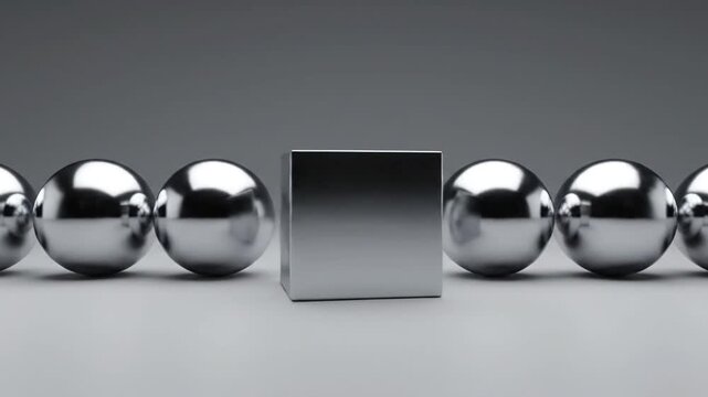 Shiny Metal Spheres and Cube in a Row, Abstract Concept of Individuality and Difference