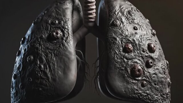 Diseased lungs with cancerous nodules and dark, damaged tissue