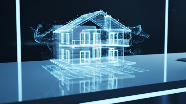 Futuristic cinematic scene of a digital house hologram with flowing data particles, representing online real estate, home insurance and secure property investment in a clean corporate technology style