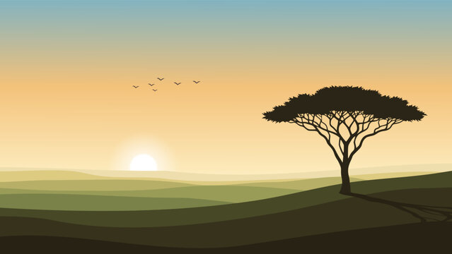 Minimalist flat design illustration of an African savanna at sunset with acacia tree silhouette, birds, and warm orange sun.