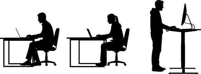 Black silhouette set of people working at desks showing correct and incorrect posture with sitting and standing workstation ergonomic positions.