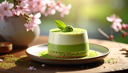 和モダン春背景と抹茶モンブランの高級甘味
