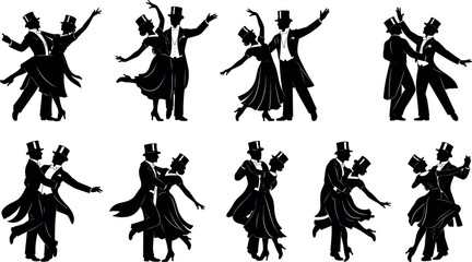 Elegant Ballroom Dancing Silhouettes Set of Victorian Style Couples in Formal Evening Wear Tuxedos and Gowns for Vintage Wedding Invitations