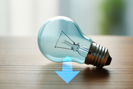 Clear light bulb lying on a wooden surface with a blue arrow pointing downwards, signifying a decrease in ideas or energy.