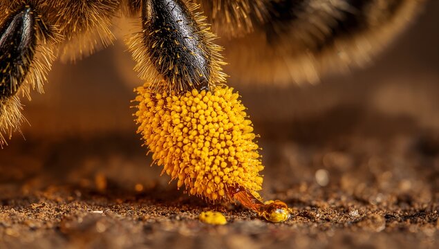 Displaying bee hind leg carrying bright yellow pollen pellet on coarse soil, amber droplet nearby