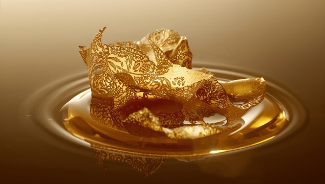 Floating ornate gold filigree petal creating ripples on shallow amber liquid, showing droplets