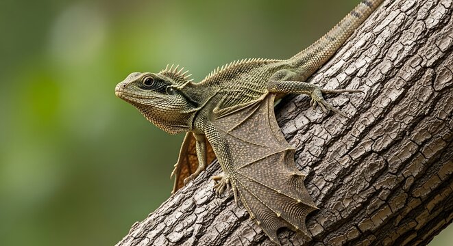 Flying dragon lizard perched on tree trunk