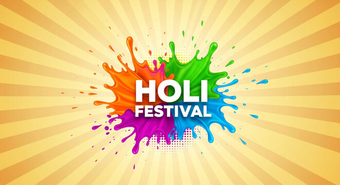 Colorful holi festival vector background with vibrant paint splash composition and radiant rays designed for celebration banner poster greeting card marketing and festive design use