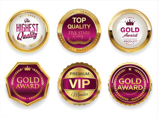 Fototapeta premium Top rated award winner gold and pink badge, emblem ribbon, collection stock illustration