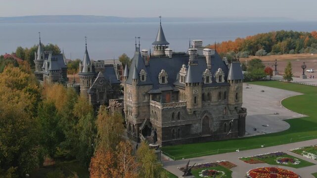 Garibaldi castle stands by volga river in autumn 05
