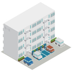 団地の駐車場に設置されたEV充電スポットと電気自動車のアイソメトリックイラスト