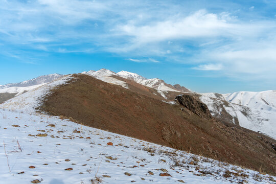 Winter Mountain Landscape in Chatkal Range of Tian Shan in Uzbekistan.