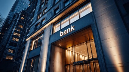 Obraz premium Modern bank building entrance illuminated at dusk with glowing sign and revolving doors