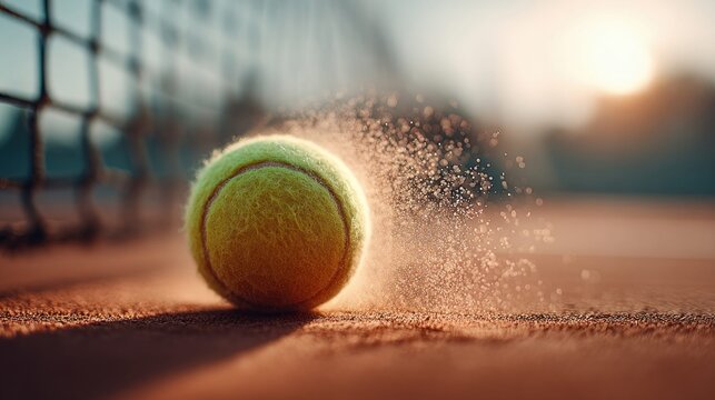 Tennis ball kicking up dust on a clay court near the net during a sunny match