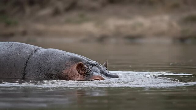 Hippopotamus swimming in its natural habitat, with its head and eyes visible above the water surface