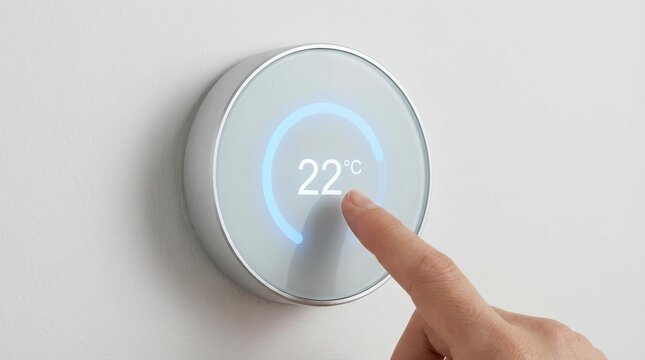 Smart home thermostat display showing 22?c with touch control interface on wall