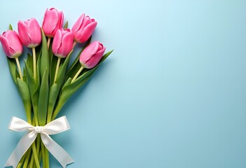 Obraz premium A bouquet of pink tulips tied with a white satin ribbon on a blue background. International Women's Day celebration. Copy space