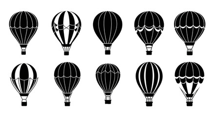 Collection of ten hot air balloon silhouettes in black and white.