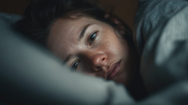 National Chronic Fatigue Syndrome Awareness Month:a person lying awake in bed during daytime, eyes open, soft diffused light through curtains, neutral tones, calm but heavy atmosphere