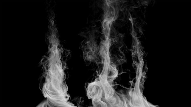 Three isolated white smoke plumes rising and swirling from the bottom creating a striking visual effect on a black background