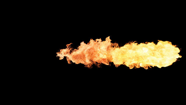 Fire Trail from a rocket or meteor with a fire gradient of colors from orange to yellow and intense bright flames on a black background