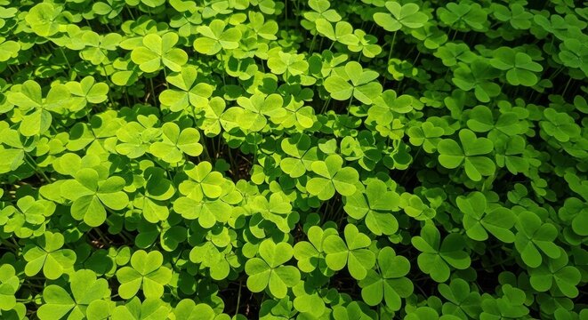 A lush field of vibrant green clover leaves on a sunny day