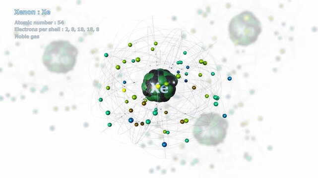 Atom of Xenon with 54 Electrons in infinite orbital rotation on white with atoms in background