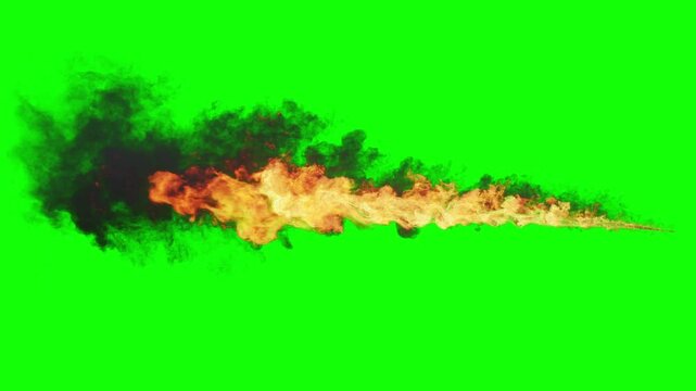 Isolated Long Flame Thrower start from zero at right finish at left with Orange and Yellow fiery colors and swirly fire on uniform green background