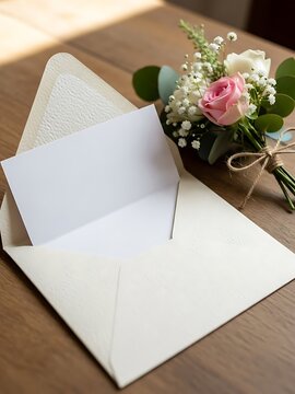 Open Envelope with Card Near Small Flower Bouquet