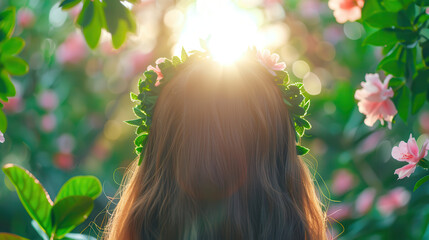 Naklejka premium A woman wearing a flower headband is standing in a field of pink flowers