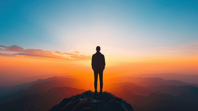 A man stands on a mountain top at sunset, looking out over the horizon
