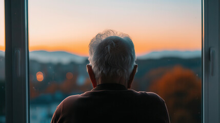 Fototapeta premium A man with a bald head is looking out a window at a beautiful sunset