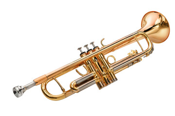 Obraz premium Shiny brass trumpet musical instrument with gold valves and a silver mouthpiece isolated on a white background for jazz band or orchestra music