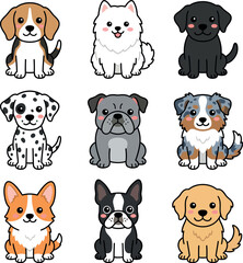 Naklejka premium Dog Breeds Collection: A charming collection of various dog breeds, each showcasing their unique traits, exuding an air of joy and cuteness in a visually appealing and engaging arrangement.