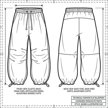 Technical Fashion Blueprint: Oversized Parachute Pants Design for Activewear and Streetwear Apparel Production and Fashion Design Projects