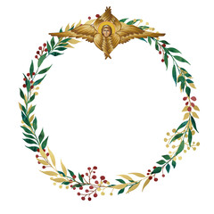 Fototapeta premium Decorative vintage floral wreath with the seraphim, illustration in Byzantine style isolated