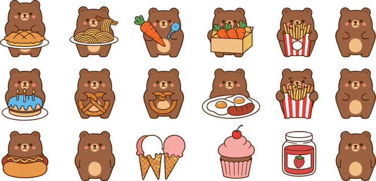 Cute Bear Cartoon Vector Set with Fast Food, Ice Cream, Cupcake, Popcorn and Kawaii Animal Characters Collection