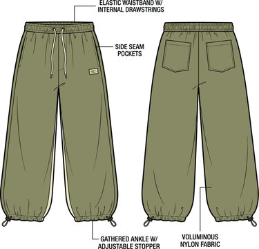 Technical Flat Sketch of Fashionable Nylon Balloon Pants with Elastic Waistband and Adjustable Ankle Stoppers, Ideal for Activewear and Streetwear Design Projects