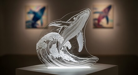 Artistic whale sculpture with wave in illuminated gallery setting