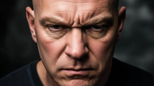 Intense Close-Up of Bald Man's Angry Face, Furrowed Brow and Intense Stare