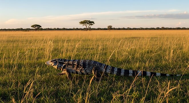 Argentine tegu walking across grassland