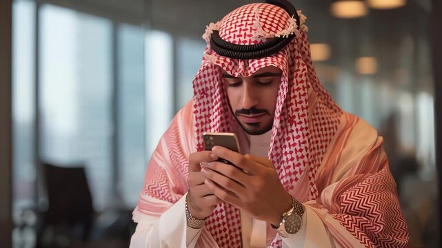 Arab man using smartphone technology in a modern business environment