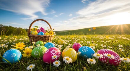 Decorated easter eggs and basket in a vibrant field under a sunny sky