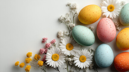 Colorful speckled Easter eggs with daisy flowers on white minimal background spring holiday composition