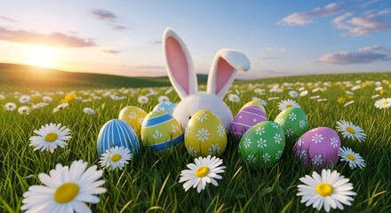Easter bunny and decorated eggs in a field of flowers under sunlight