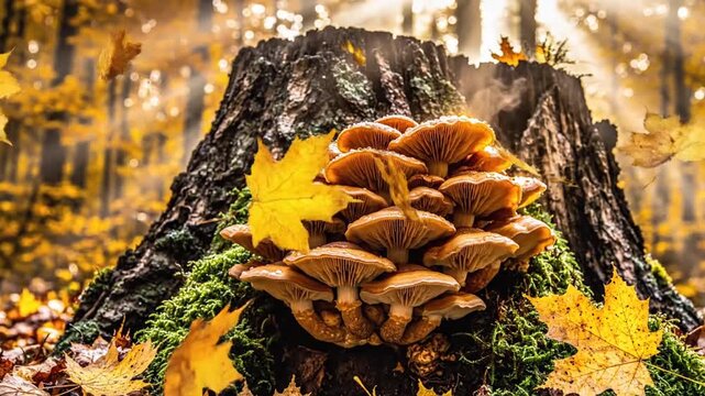 Cinematic macro view of false honey fungus on a spruce stump in a glowing autumn forest with drifting leaves and soft mist, capturing natural textures, seasonal atmosphere and tranquil woodland beauty