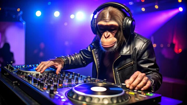 Monkey DJ wearing headphones and leather jacket mixing music on turntables in club with blue lights