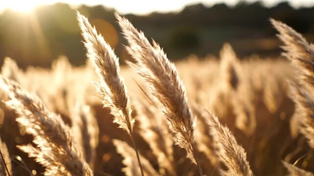 Golden light illuminates feathery grass at sunrise in a field